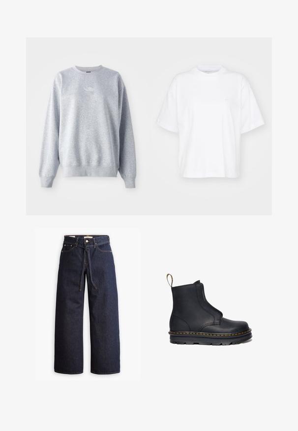 Grå sweatshirt med lange ærmer, rund halsudskæring, ribbede manchetter og kant. Har et lille hvidt logo på brystet. Materialet er en blanding af bomuld.; Hvid bomulds t-shirt med rund hals, korte ærmer og en afslappet pasform. Har et diskret logo på venstre brystområde. Glat tekstur.; Bredde ben mørkeblå denim jeans med høj talje, der har snoretræk, fem lommer og kontrastsyet detaljer.; Sort læder ankelstøvle med elastiske sidepaneler, rund tå, kontrasterende gul syning og en kraftig gummisål.