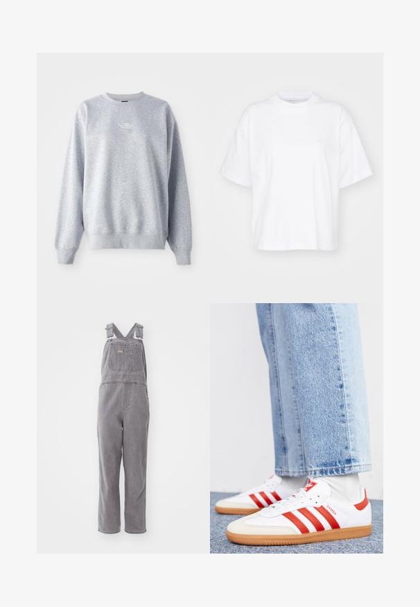 Sudadera gris de manga larga, con cuello redondo, puños y dobladillo acanalados. Presenta un pequeño logo blanco en el pecho. Material de mezcla de algodón.; Camiseta de algodón blanca con cuello redondo, mangas cortas y un corte relajado. Presenta un logo sutil en el área del pecho izquierdo. Textura suave.; Overoles de mezclilla gris con tirantes ajustables, un bolsillo frontal y un ajuste relajado. Cuenta con piernas de corte recto y un color sólido en toda la prenda.; Zapatillas de cuero blancas con rayas y detalles rojos. Cuentan con una suela de goma texturizada y un collar acolchado. Llevadas con denim azul claro.