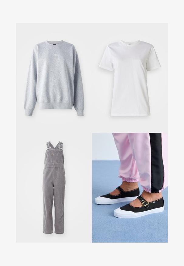 Sudadera gris de manga larga, con cuello redondo, puños y dobladillo acanalados. Presenta un pequeño logo blanco en el pecho. Material de mezcla de algodón.; Camiseta blanca de algodón con cuello redondo y mangas cortas. La tela es suave con una textura agradable y sin patrones ni acentos visibles.; Overoles de mezclilla gris con tirantes ajustables, un bolsillo frontal y un ajuste relajado. Cuenta con piernas de corte recto y un color sólido en toda la prenda.; Zapatillas de lona negras con suela blanca, con un diseño recortado y una correa con hebilla dorada. Combinadas con pantalones de chándal rosas.