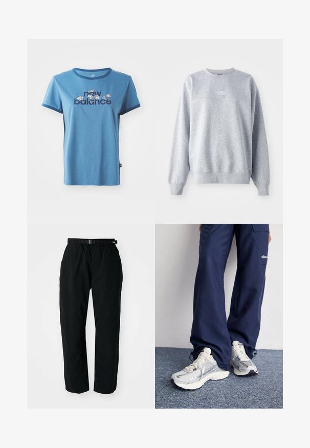 Šedá mikina s dlhými rukávmi, okrúhlym výstrihom, rebrovanými manžetami a lemom. Obsahuje malé biele logo na hrudi. Materiál z bavlnenej zmesi.; Modrá bavlnená tričko s krátkymi rukávmi, námorníckym lemovaním, s nápisom "new balance" a kvetinovými vzormi v bielej a žltej farbe na prednej strane.; Čierne ľahké nohavice s elastickým pásom a nastaviteľným opaskom. Majú zúžené nohavice a zosilnené kolenné panely pre zvýšenú odolnosť.; Športové topánky Nike s strieborným sieťovaným zvrškom, bielymi detailmi a textúrovanými podrážkami, skombinované s voľnými námorníckymi nohavicami.