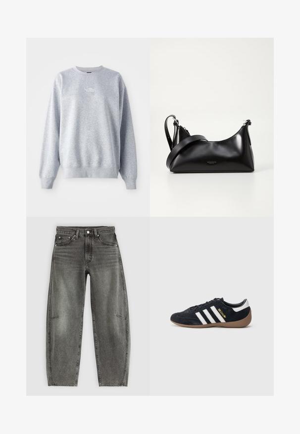 Grå sweatshirt med lange ærmer, rund halsudskæring, ribbede manchetter og kant. Har et lille hvidt logo på brystet. Materialet er en blanding af bomuld.; Højtaljede gråvaskede denimjeans med fem lommer, knaplukning og en afslappet lige pasform.; Sort ruskindssneaker med tre hvide striber, gummisål og et lille gyldent logo på siden. Har en glat sort foring indvendigt.; Sort læderhåndtaske med en glat tekstur. Har en justerbar stropp og et enkelt, minimalistisk design med lynlås.