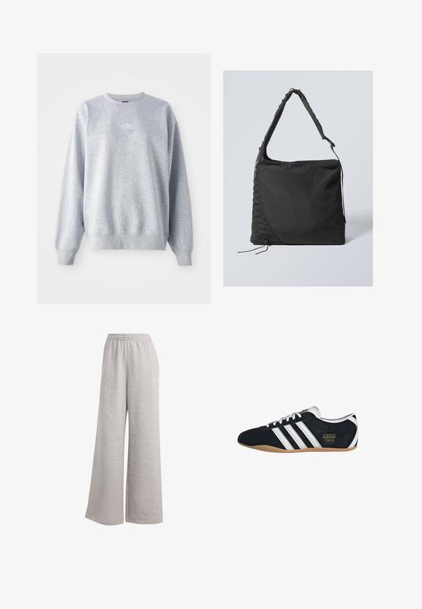 Sudadera gris de manga larga, con cuello redondo, puños y dobladillo acanalados. Presenta un pequeño logo blanco en el pecho. Material de mezcla de algodón.; Pantalones de chándal gris claro con un corte holgado, cinturilla elástica y textura suave. Presenta un sutil logo en un lado. Diseño casual.; Zapatillas de ante negro con tres franjas blancas, logotipo dorado y suela de goma marrón. Presentan un diseño de cordones de perfil bajo.; Bolso de tela negro con un acabado texturizado, que presenta una correa ancha y detalles de encaje en los laterales. Gran compartimento principal con cierre de cremallera en la parte superior.