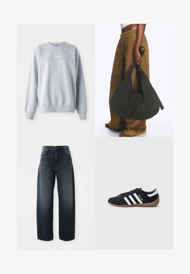 Grauer Sweatshirt mit langen Ärmeln, rundem Halsausschnitt, gerippten Bündchen und Saum. Verfügt über ein kleines weißes Logo auf der Brust. Material aus Baumwollmischung.; Weite Jeans in dunkelblauem Denim, mit hoher Taille, klassischem Knopf- und Reißverschluss und subtilen Ausbleichungen an der Vorderseite.; Schwarzer Veloursleder-Sneaker mit drei weißen Streifen, Gummisohle und einem kleinen goldenen Logo an der Seite. Verfügt über ein glattes schwarzes Innenfutter.; Person trägt braune weite Hose und weißes Oberteil und hält eine große schwarze weiche Handtasche an der Seite am Trageriemen.