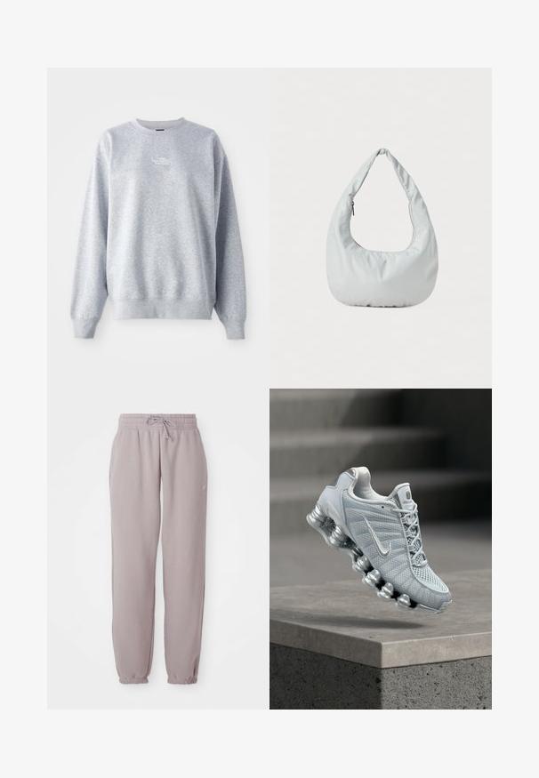 Grå sweatshirt med lange ærmer, rund halsudskæring, ribbede manchetter og kant. Har et lille hvidt logo på brystet. Materialet er en blanding af bomuld.; Lys mauve fleece sweatpants med elastisk talje, snor, sidelommer og elastiske manchetter, vist fladt mod en hvid baggrund.; Lysegrå Nike løbesko med polstret, fjedrelignende sål svævende over en betonliste, sløret trappebaggrund.; Blød, lys grå hobo-taske lavet af syntetisk materiale. Har et enkelt polstret håndtag og en lynlåslomme på siden.