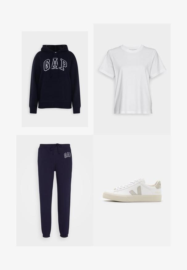 Dunkelblaues Kapuzenshirt mit Fronttasche, Kordelzugkapuze und weiß umrandetem "GAP" Schriftzug auf der Brust.; Weißes Baumwoll-T-Shirt mit kurzen Ärmeln, Rundhalsausschnitt und lässigem Schnitt. Glatte Textur, keine Muster oder Grafiken, einfaches Design.; GAP HERITAGE JOGGER - Jogginghose - navy uniform; Weiße Sneaker aus Leder mit grauen V-Logo-Akzenten, strukturiertem Gummiabsatz, weißen Schnürsenkeln sowie gepolstertem Zungen- und Knöchelbereich.