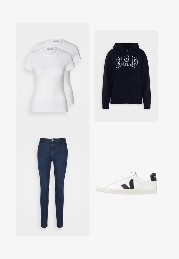 Dunkelblaues Kapuzenshirt mit Fronttasche, Kordelzugkapuze und weiß umrandetem "GAP" Schriftzug auf der Brust.; Zwei weiße Baumwoll-T-Shirts mit kurzen Ärmeln, Rundhalsausschnitten und einer engen Passform, die eine glatte Textur und ein minimalistisches Design aufweisen.; edc by Esprit Jeggings - blue medium; Weißer Sneaker mit einem schwarzen V-Logo, ausgestattet mit einem glatten Lederoberteil, runder Zehenpartie, Schnürverschluss und kontrastierendem schwarzen Fersenbereich.