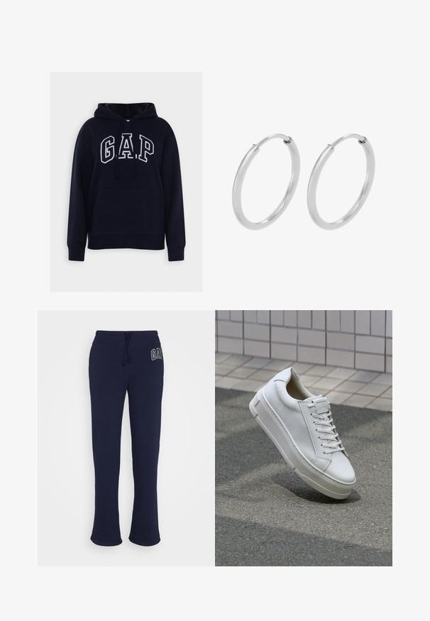 Marineblå hættetrøje med lomme foran, snørehætte og hvidt omrids af "GAP"-bogstaver på brystet.; Mørkeblå sweatpants med snoretræk i taljen, prydet med et hvidt broderet logo til venstre, lavet af blødt bomuldsstof.; Hvide lædersneakers med lavt design, flade snører, rund tå og strukturerede sider. Tyk gummisål med diskrete detaljer.; Sølv hoops øreringe, cirkulær form, glat skinnende tekstur og ensartet bredde hele vejen igennem. Minimalistisk design uden yderligere accenter.