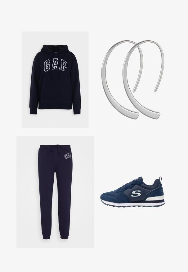 Sudadera azul marino con bolsillo frontal, capucha con cordón y letras "GAP" en blanco contorneadas en el pecho.; GAP HERITAGE JOGGER - Pantalones deportivos - navy uniform; Zapatilla deportiva azul marino con materiales de ante y malla, que presenta un logo plateado prominente, parte superior texturizada y una media suela blanca.; Pendientes de aro de metal plateado con una superficie lisa y brillante, en forma de media luna, que presentan un diseño minimalista y sin patrones visibles.