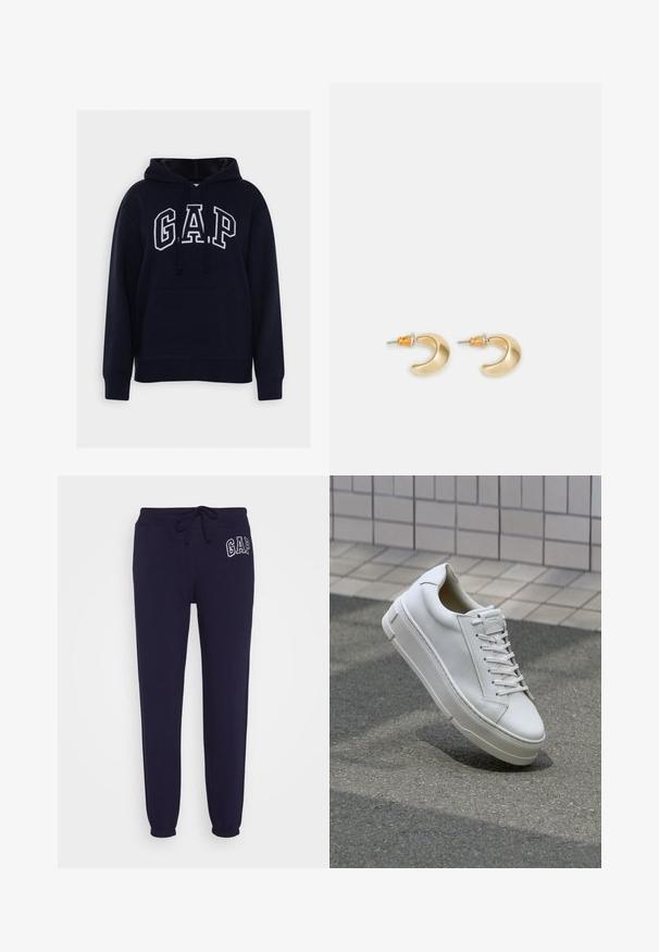 Marineblauwe hoodie met voorzak, trekkoordcapuchon en wit omlijnde "GAP"-letters op de borst.; GAP HERITAGE JOGGER - Trainingsbroek - navy uniform; Witte leren sneaker met een low-top ontwerp, platte veters, ronde neus en textuur zijden. Dikke rubberen zool met subtiele accenten.; Gouden halvmaanvormige oorbellen met een gladde afwerking, voorzien van oranje accenten bij de stekker en zilveren hardware.
