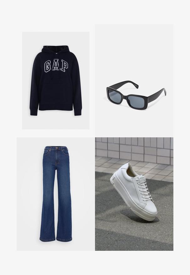 Marineblå hættetrøje med lomme foran, snørehætte og hvidt omrids af "GAP"-bogstaver på brystet.; Breddebenede jeans lavet af mørkeblåt denim. Har en høj talje, fem-pockets design og diskret syninger på sømmene.; Hvide lædersneakers med lavt design, flade snører, rund tå og strukturerede sider. Tyk gummisål med diskrete detaljer.; Sorte rektangulære solbriller med mørkt tonede linser, tyk plastramme og brede stænger. Glat overflade og kantet design.