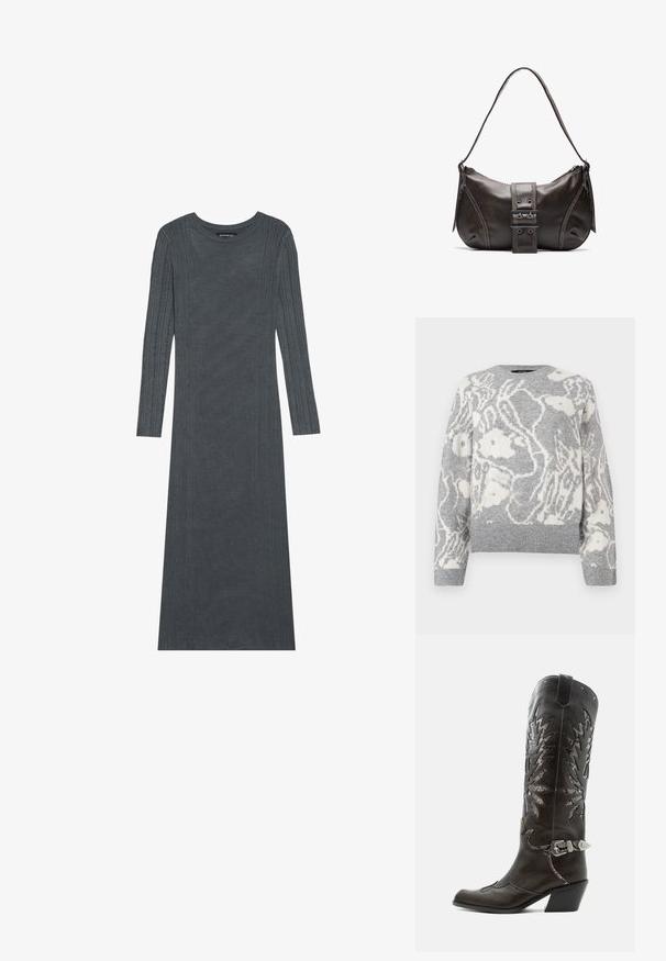 Pull en maille gris avec un motif floral blanc, col rond, et bords-côtes aux poignets et à l'ourlet, fabriqué dans un matériau doux.; Robe à manches longues, gris foncé, en matériau tricoté doux. Présente des rayures verticales texturées le long des manches et du corps. Encolure ronde.; Botte de cowboy en cuir noir avec découpes décoratives, boucle argentée et talon incliné, présentée sur fond blanc.; Sac à épaule en cuir marron avec une forme courbée, présentant un détail de boucle proéminent, des coutures contrastantes et une seule bandoulière.