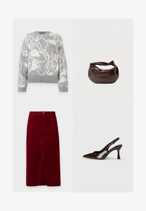 Pull en maille gris avec un motif floral blanc, col rond, et bords-côtes aux poignets et à l'ourlet, fabriqué dans un matériau doux.; Jupe en velours côtelé bordeaux avec une coupe droite, fente avant, passants de ceinture et deux poches, dotée d'une fermeture à bouton à l'avant.; Talons slingback en cuir verni brun avec un bout pointu, un talon fin, et une sangle réglable avec une petite boucle.; Sac bandoulière en cuir marron foncé avec une forme souple et décontractée et une anse nouée torsadée sur un fond blanc uni.
