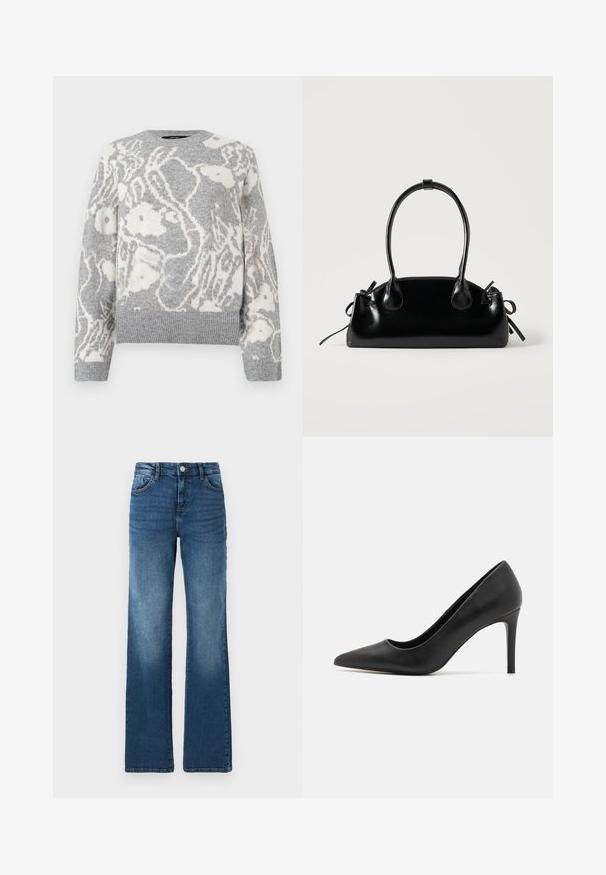 Grå strikket sweater med et hvidt blomstermønster, rund halsudskæring og ribbede manchetter og kant, fremstillet af blødt materiale.; Blå denimjeans med lige ben, fem lommer, let falmning, knaplukning og kontrastsyede detaljer.; Sorte stiletto-sko med spids tå, lavet af glat læder, med et strømlinet design og en tynd, cylindrisk hæl.; Lille sort blank håndtaske med to lange håndtag og snøre-detaljer i siden på en ensfarvet lys baggrund.