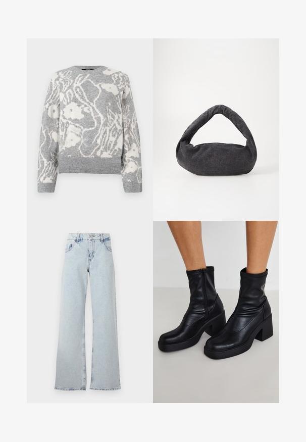 Grijze gebreide trui met een wit bloemenpatroon, ronde hals, en geribde manchetten en zoom, gemaakt van een zachte stof.; Lichtblauwe wijde jeans van denim, met een hoge taille, riemlussen, vijf zakken en vervaagde gebieden voor een vintage uitstraling.; Zwarte leren enkellaarsjes met een hoge blokhak, voorzien van een zijrits, een zachte textuur en een taps toelopende tekening.; Donkergrijze stoffen tas met een gebogen handvat, zachte textuur en ronde vorm. Geen zichtbare hardware of versieringen.