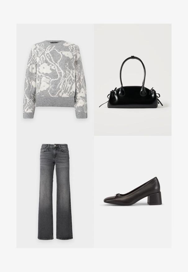 Grå strikket genser med hvitt blomster mønster, rund hals, og ribbede mansjetter og nederkant, laget av mykt materiale.; Mørkegrå jeans med rett ben og lett falming på lårene, samt standard femlommers design, mot en hvit bakgrunn.; Svart lær pump med middels hæl, rund tå og sløyfeaccent på forsiden, glatt tekstur og geometrisk blokkhelt.; Liten svart blank håndveske med to lange håndtak og sidesnorer detaljer på en ensfarget lys bakgrunn.
