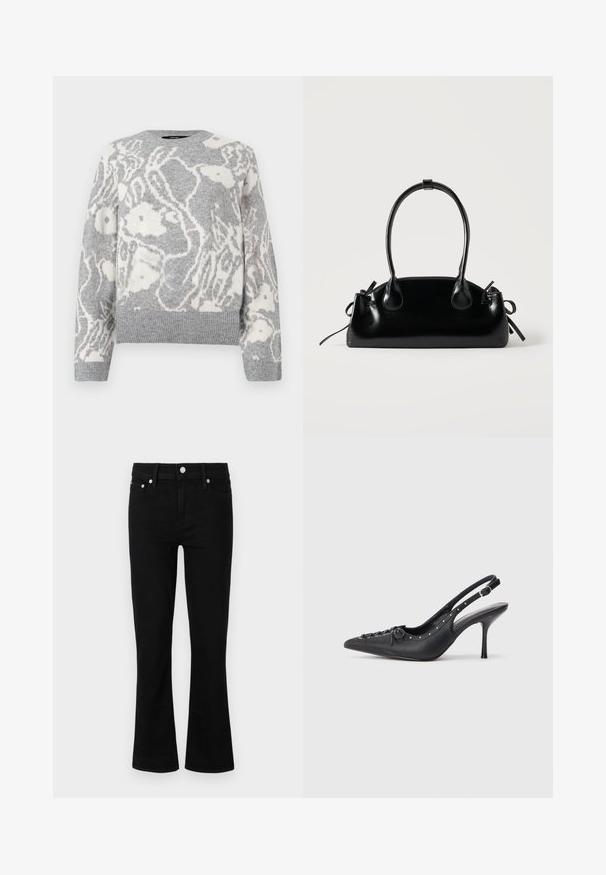 Pull en maille gris avec un motif floral blanc, col rond, et bords-côtes aux poignets et à l'ourlet, fabriqué dans un matériau doux.; Jean en denim noir évasés avec une taille ajustée, design à cinq poches et accents en métal argenté, présentant une texture lisse et une longueur standard.; Escarpin en cuir noir à talon aiguille avec un bout pointu, une bride latérale à boucle, des clous le long du bord et un laçage décoratif à l'avant.; Petit sac à main noir brillant avec deux longues anses et des détails à cordon sur les côtés sur un fond clair uni.