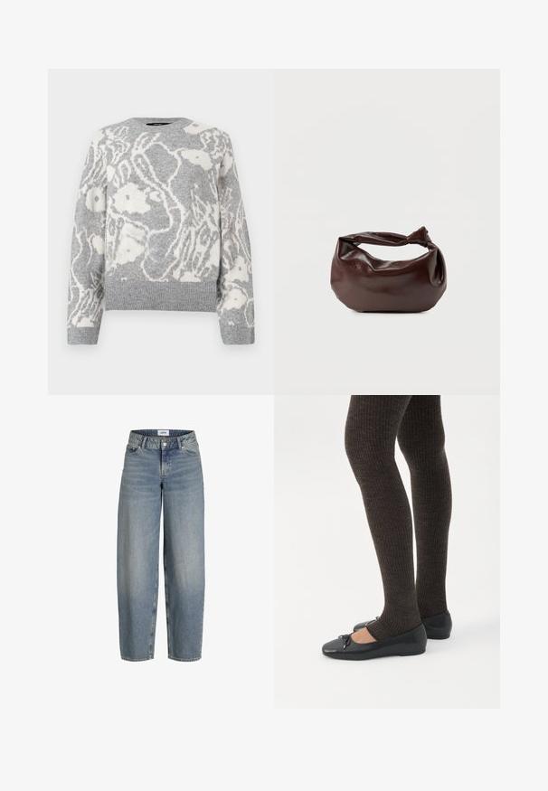 Grå strikket sweater med et hvidt blomstermønster, rund halsudskæring og ribbede manchetter og kant, fremstillet af blødt materiale.; Lyseblå, løstsiddende jeans med høj talje, lavet af denimstof. Har fem lommer og en traditionel lukning med knap og lynlås.; Ben iført mørke ribbede leggings kombineret med sorte balletsko med små sløjfedetaljer på hvid baggrund.; Mørkebrun læder skuldertaske med en blød, afslappet form og et snoet knudehåndtag på en ensartet hvid baggrund.