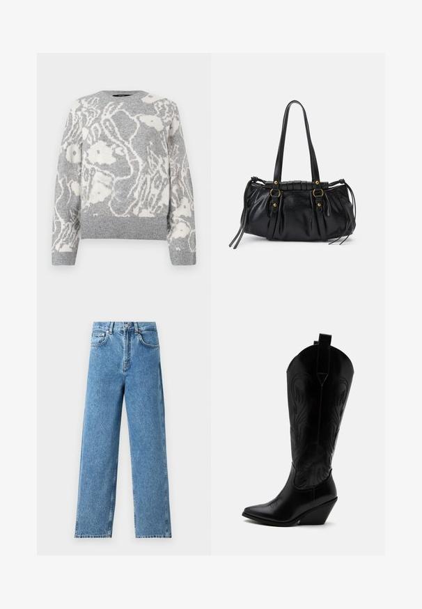 Grå strikket sweater med et hvidt blomstermønster, rund halsudskæring og ribbede manchetter og kant, fremstillet af blødt materiale.; Lysblå lige ben jeans lavet af denim, med høj talje, frontknaplukning og fem-lomme design med synlige sømme.; Sort læder cowboystøvle med spidst tåparti, skråt blokhælhæl, dekorative sømme og trækstropper øverst mod hvid baggrund.; Sort læderhåndtaske med rund form, dobbelte hanke, dekorative hardware-detaljer og snøre på siden. Glat, blank overflade.