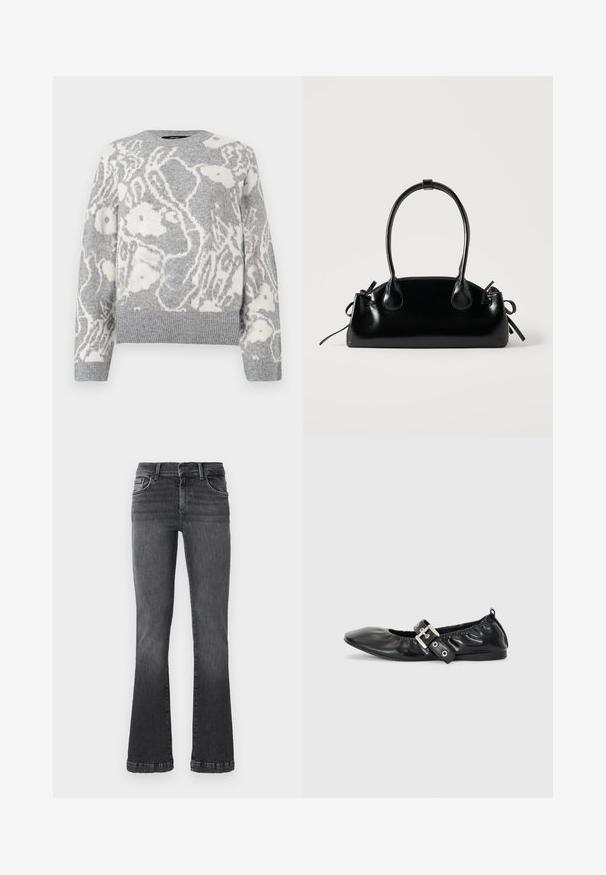 Pull en maille gris avec un motif floral blanc, col rond, et bords-côtes aux poignets et à l'ourlet, fabriqué dans un matériau doux.; Jean noir évasé en denim de poids moyen. Conception à cinq poches avec un subtil délavage et des coutures contrastantes le long des coutures.; Chaussure plate en cuir noir avec un nez pointu, des détails froncés autour de l'ouverture et un accent en boucle argentée sur la bride ajustable.; Petit sac à main noir brillant avec deux longues anses et des détails à cordon sur les côtés sur un fond clair uni.
