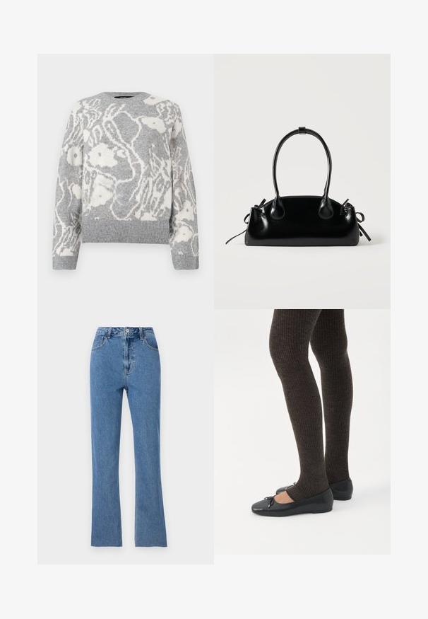 Grijze gebreide trui met een wit bloemenpatroon, ronde hals, en geribde manchetten en zoom, gemaakt van een zachte stof.; Aangestrikte blauwe jeans van denim, met een hoge taille, flared pijpen en subtiele stikdetails. Klassiek vijf-pocket ontwerp.; Benen met donkere geribbelde leggings gecombineerd met zwarte ballerina's met kleine strikdetails op een witte achtergrond.; Kleine zwarte glanzende handtas met twee lange hengsels en zijkant trekkoord details op een effen lichte achtergrond.