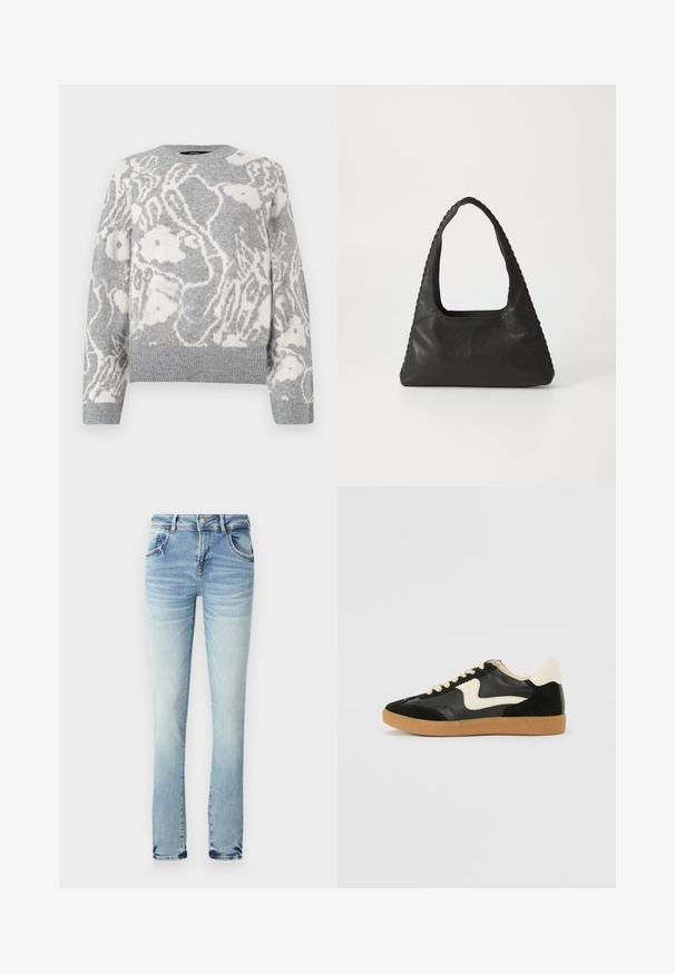 Pull en maille gris avec un motif floral blanc, col rond, et bords-côtes aux poignets et à l'ourlet, fabriqué dans un matériau doux.; Jean en denim bleu clair avec un effet dégradé. Comprend cinq poches, une fermeture à bouton et à zipper, et une coupe droite. Aucune motif visible.; Baskets en daim et cuir noir avec un swoosh latéral crème et un talon crème clair. Dotées de lacets beige et d'une semelle en caoutchouc gomme.; Sac à main en cuir noir de forme triangulaire, avec une grande poignée découpée et des coutures détaillées le long des bords. Texture lisse.