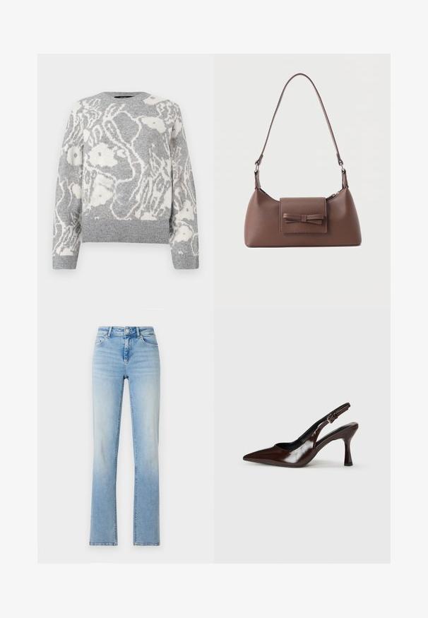 Pull en maille gris avec un motif floral blanc, col rond, et bords-côtes aux poignets et à l'ourlet, fabriqué dans un matériau doux.; Jean en denim bleu clair avec une taille haute, une coupe droite et des dégradés subtils. Dispose de cinq poches et de passants de ceinture.; Talons slingback en cuir verni brun avec un bout pointu, un talon fin, et une sangle réglable avec une petite boucle.; Sac à bandoulière en cuir marron avec une poche à rabat avant ornée d'un détail en forme de nœud cousu et une sangle réglable.
