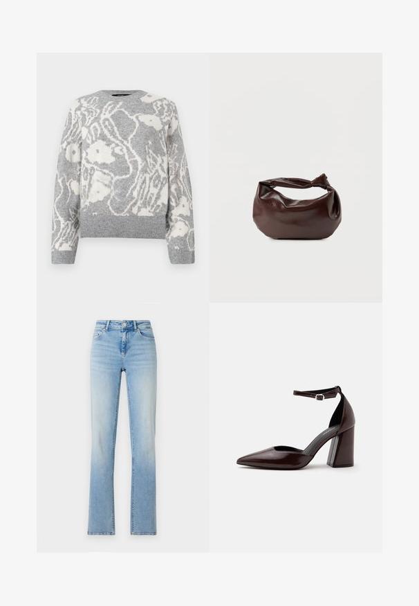 Grijze gebreide trui met een wit bloemenpatroon, ronde hals, en geribde manchetten en zoom, gemaakt van een zachte stof.; Lichtblauwe denim jeans met een hoge taille, rechte pijpen en subtiele vervaging. Voorzien van vijf zakken en riemlussen.; Donkerbruine leren pumps met puntige neus, hoge hak, enkelbandje en zilveren gesp op een witte achtergrond.; Donkerbruine leren schoudertas met een zachte, slungelige vorm en een gedraaide knoopvormige handgreep op een effen witte achtergrond.