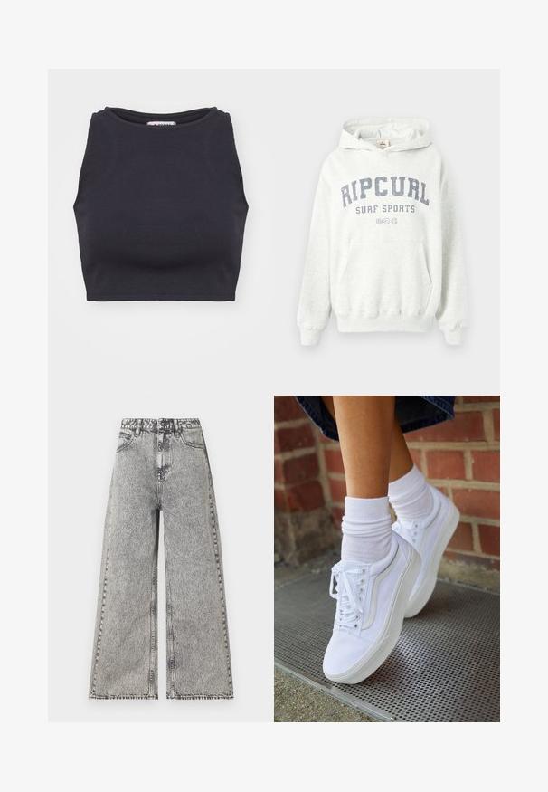 Grå bomulds-hoodie med en frontlomme og ribbede manchetter. "RIPCURL SURF SPORTS" trykt i mørkeblå over brystet.; Sort ribbet crop top med rund halsudskæring og uden ærmer. Glat tekstur, tætsiddende form og minimalistisk stil.; Vidde jeans i falmet sort denim med høj talje, klassisk fem-lomme design og synlige syninger.; Hvide lærreds sneakers med gummisåler, der har seks snørehuller, rund tå og let sømdetaljer, krydret med hvide ankelstrømper.