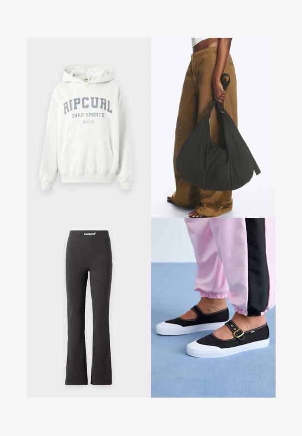 Grå bomulds-hoodie med en frontlomme og ribbede manchetter. "RIPCURL SURF SPORTS" trykt i mørkeblå over brystet.; Sorte flarebukser lavet af strækbart stof med en glat tekstur. Har en bred talje med logodetaljer øverst.; Sorte lærredssko med en hvid sål, der har et udskæringsdesign og et guldspænde. Bæret med lyserøde træningsbukser.; Person iført brune vidde bukser og hvid top holder en stor sort blød håndtaske i remmen ved siden.