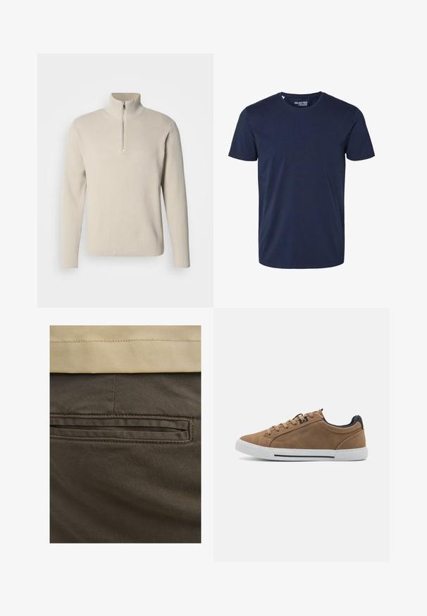 Ribbet trøje i cremefarve med høj krave og halv lynlås. Fremstillet af tekstureret stof, med lange ærmer og en afslappet pasform.; Simpel mørkeblå t-shirt med korte ærmer og rund halsudskæring med en lille synlig mærkeetiket inde i kraven.; Brune bomuldsbukser med en synlig baglomme, prydet med diskrete syninger og en glat tekstur. Linningen har en kontrasterende beige farve.; Brune ruskinds sneakers med beige snørebånd, hvid gummisål og en mørkeblå hælaccent. Har syede detaljer og et afslappet design.