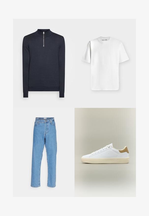 Marineblauwe pullover met een hoge kraag en halve rits. Gemaakt van zacht materiaal, met ribgebreide manchetten en tailleband voor een aangesloten uitstraling.; Effen wit T-shirt met korte mouwen en een ronde hals, plat liggend op een lichtgrijze achtergrond met een klein merkje aan de binnenkant van de halslijn.; Lichtblauwe high-waisted recht gesneden jeans met een voorste knoop, ritssluiting, riemlussen en een vijf-pocket ontwerp op een witte achtergrond.; Witte lage sneaker met beige zool en gevlochten leren hielstuk, vetersluiting en minimale perforatiedetails aan de zijkant.