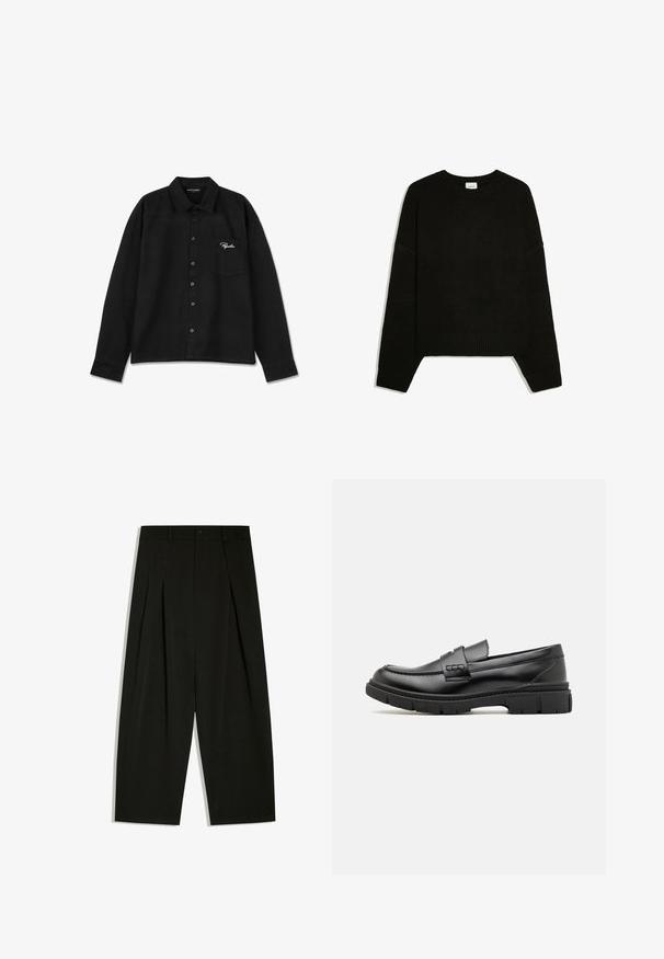 Sort langærmet strikket sweater med ribkanter ved ærmer, kant og rund hals, lagt fladt på en hvid baggrund.; Sort langærmet skjorte lavet af stof, med krave, knap-lukning foran, enkelt brystlomme og broderet logo i hvid på lommen.; Sorte vidde bukser med plisseringer, bæltestropper og knaplukning i taljen.; Sort læder loafersko med en bred rem over forfoden, gummisål med tykke mønstre og glat overflade. Klassisk, slankt design.
