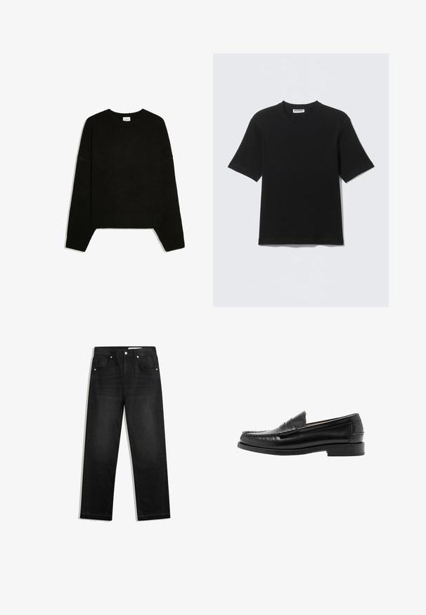Schwarzer langärmliger Strickpullover mit gerippten Bündchen, Saum und Rundhalsausschnitt, flach auf weißem Hintergrund liegend.; Schwarzes T-Shirt mit kurzen Ärmeln und Rundhalsausschnitt, mit einem "WEEKDAY"-Etikett innen am Kragen, flach auf einem hellen Hintergrund liegend dargestellt.; Schwarze Denim-Jeans mit geradem Bein, fünf Tasche-Design, kontrastierenden Beschlägen und rohem Saumdetail am unteren Ende.; Schwarzer Leder-Pennyloafer mit genähter Mokassinnase, niedrigem Absatz und glatt poliertem Finish, seitlich vor weißem Hintergrund gezeigt.