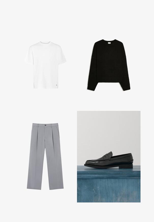 Sort langærmet strikket sweater med ribkanter ved ærmer, kant og rund hals, lagt fladt på en hvid baggrund.; Hvid bomulds t-shirt med rund halsudskæring, korte ærmer og lige kant. Har et lille logo detaljeret i nederste hjørne.; Grå plisserede bukser med en afslappet pasform, lavet af et letvægtsstof. Har forlommer og en knaplukning i taljen.; Sorte læderloafers med et slankt design, der har syning ved tåen og en glat finish. Skoen har en lav hæl og minimal udsmykning.