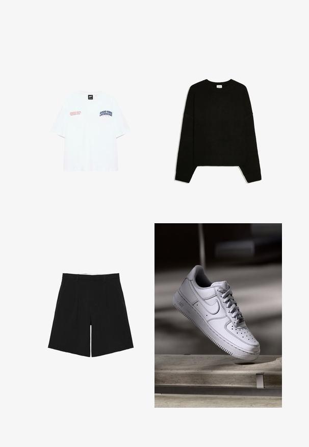 Pull noir à manches longues en maille avec poignets, ourlet et col rond côtelés, posé à plat sur fond blanc.; T-shirt blanc à manches courtes avec texte bleu marine "GOOD VIBES LAUNDROMAT" et texte rouge sur la poitrine, fond uni.; Short noir sur mesure avec passants de ceinture, plis devant et poches latérales, posé à plat sur un fond blanc.; La basket Nike Air Force 1 en cuir blanc présente un embout perforé, des lacets plats et une semelle en caoutchouc texturée avec le logo « AIR » sur le côté.