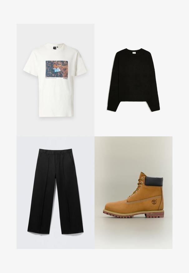 Pull noir à manches longues en maille avec poignets, ourlet et col rond côtelés, posé à plat sur fond blanc.; T-shirt en coton crème avec une impression graphique rectangulaire de fleurs et d'un objet bleu sur un fond brun texturé. Étiquette noire au niveau du col.; Pantalon large noir avec passants pour ceinture, poches avant et fermeture éclair, présenté sur un fond gris clair.; Bottine en cuir marron avec col noir, lacets jaunes et semelle beige. Présente un logo et des détails de couture blanche. Semelle extérieure à traction robuste.