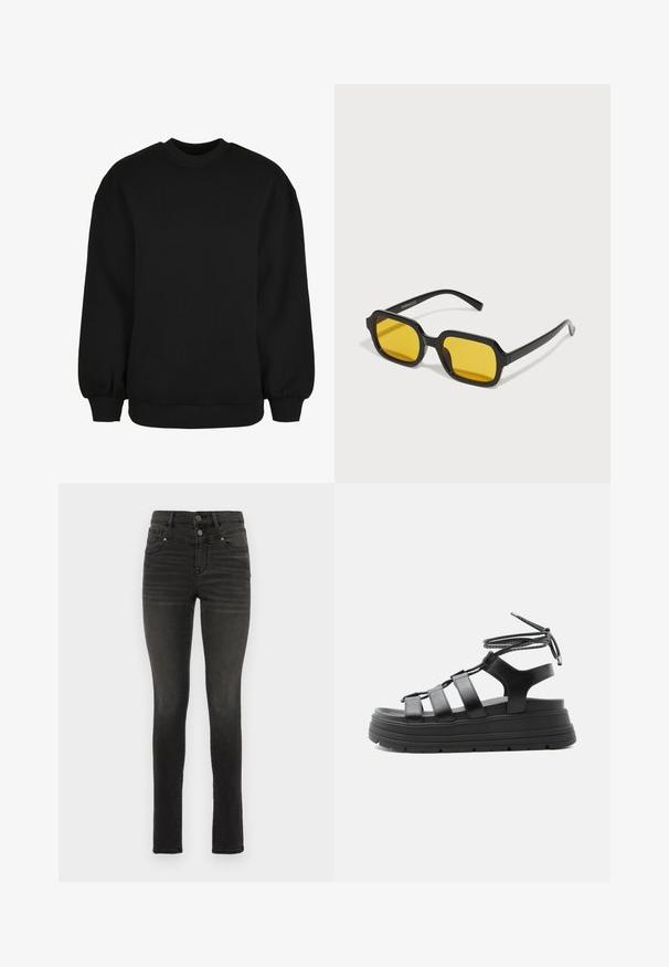 Zwarte sweatshirt met een ronde hals, lange mouwen met elastische manchetten en een geribde zoom. Gemaakt van zacht, textuurstof.; Zwarte skinny jeans van denim met een hoge taille, voorzien van dubbele knopen, vijf zakken en subtiele vervaging langs de benen.; Zwarte platformsandaal met dikke zool, meerdere horizontale bandjes en enkelriem op een effen lichte achtergrond.; Zwarte rechthoekige zonnebril met gele lenzen. Kenmerken zijn onder andere dikke monturen en een hoekig ontwerp met een gladde, glanzende afwerking.