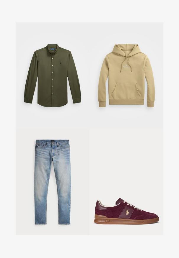 Polo Ralph Lauren LOGO DOUBLE-KNIT HOODIE - Hoodie - beige; Overhemd met lange mouwen en knopen in olijfgroen katoen. Voorzien van een klein geborduurd logo op de borst, een standaard kraag en knoopaccenten.; Lichtblauwe denim jeans met een vervaagde afwerking, vijfzakkenontwerp en contrasterende stiksels. Heeft een ritssluiting en riemlussen. Rechte snit.; Low-profile bordeaux suède en leren sneaker met witte veters, bruine zool en Polo-logo aan de zijkant.