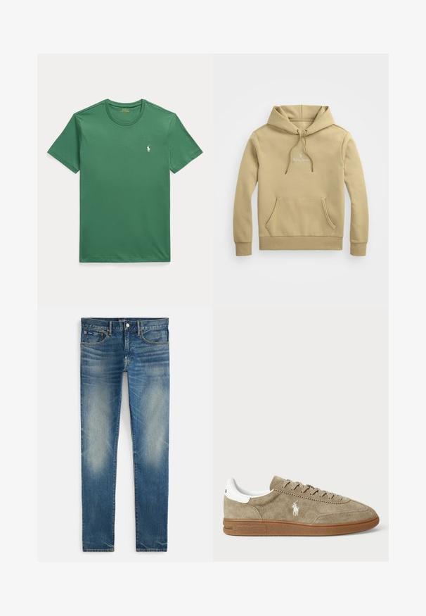 Polo Ralph Lauren LOGO DOUBLE-KNIT HOODIE - Φούτερ με κουκούλα - beige; Πράσινο μπλουζάκι κοντομάνικο με στρογγυλή λαιμόκοψη και μικρό λευκό λογότυπο Polo Ralph Lauren με άλογο στο αριστερό στήθος.; Ξανθό ξεθωριασμένο στενό τζιν παντελόνι με κλείσιμο με κουμπί και φερμουάρ, μπροστινές και μικρές τσέπες για κέρματα, τοποθετημένο επίπεδα σε λευκό φόντο.; Suede αθλητικά παπούτσια σε καφέ απόχρωση με λευκές λεπτομέρειες, στρογγυλή μύτη και σχέδιο με κορδόνια. Περιλαμβάνει ανάγλυφο λογότυπο και καουτσούκ σόλα για καλύτερη πρόσφυση.