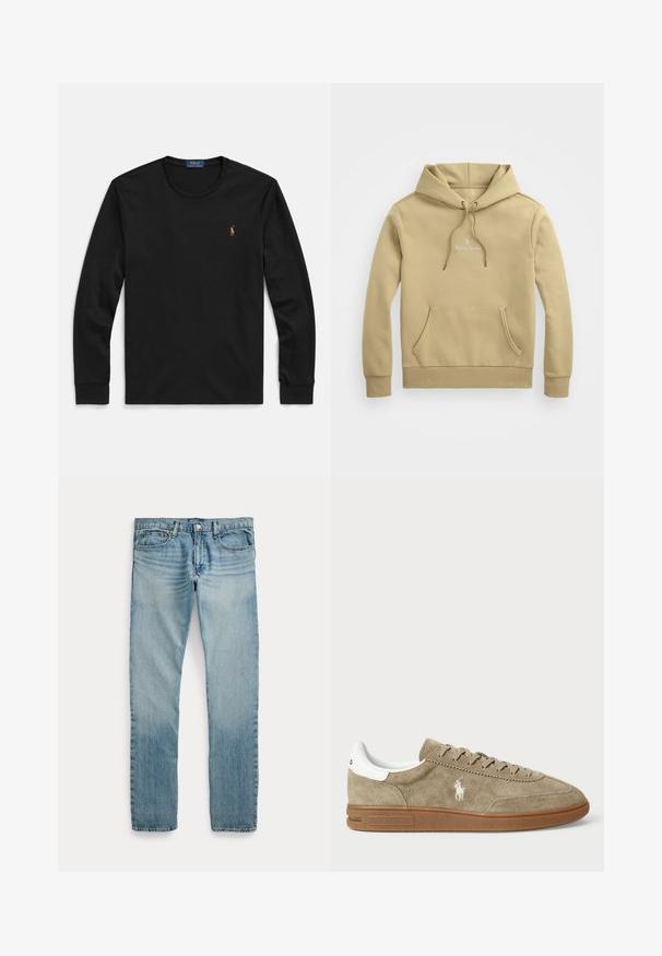 Polo Ralph Lauren LOGO DOUBLE-KNIT HOODIE - Kapuzenpullover - beige; Schwarzes langärmeliges T-Shirt aus weicher Baumwolle, mit Rundhalsausschnitt und kleinem, farblich akzentuiertem gesticktem Logo auf der Brust.; Hellblaue Jeans mit geradem Bein, fünf Taschen, Knopfverschluss und dezenten verwaschenen Details an Oberschenkeln und Knien.; Wildledersneaker in Beige mit weißen Akzenten, runder Zehenform und Schnürdesign. Mit eingeprägtem Logo und Gummisohle für besseren Halt.