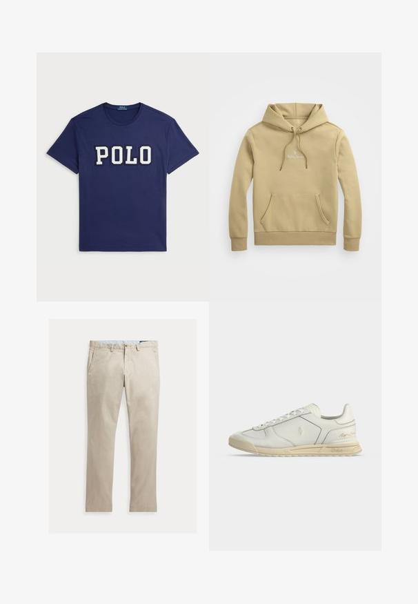 Polo Ralph Lauren LOGO DOUBLE-KNIT HOODIE - Kapuutsiga pusa - beige; Tumedat-sinine t-särk, mis on valmistatud puuvillast, millel on suur valge "POLO" graafika, ümara kaeluse ja lühikeste varrukatega.; Beežid sirgete säärega puuvillased püksid ees taskute, vööaasade, nööbi- ja tõmblukuga, laotatud valgel taustal.; Valged madala säärega nahast tossud beežide tallaga, eespaelaga ja Polo Ralph Laureni logodega külgedel ja kandadel.