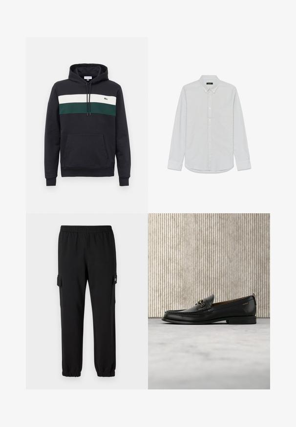 Sudadera negra con capucha, con franjas horizontales blancas y verdes en el pecho y un bolsillo tipo canguro en la parte delantera.; Camisa blanca de manga larga con rayas verticales azul claro, cuello abotonado, bolsillo en el pecho y dobladillo curvado. Textura de tela de algodón.; Pantalones de chándal negros con cintura elástica, puños ajustados y bolsillos laterales tipo cargo. Fabricados con material suave y textura lisa.; Mocasín de cuero negro con pieza metálica dorada y logotipo "HUGO", exhibido sobre una alfombra beige y muebles translúcidos marrones.