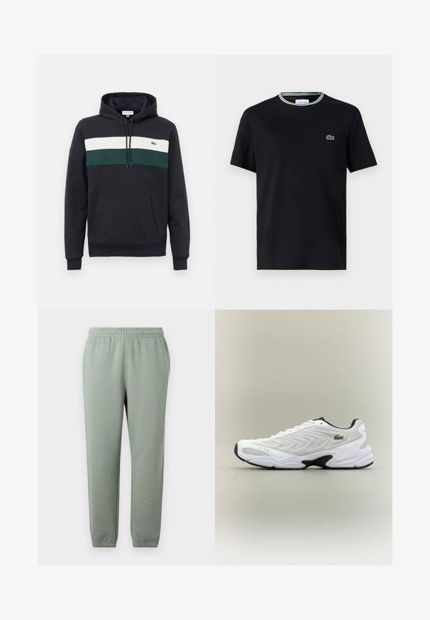 Sudadera negra con capucha, con franjas horizontales blancas y verdes en el pecho y un bolsillo tipo canguro en la parte delantera.; Camiseta de algodón negra con cuello redondo, que presenta un ribete a rayas en blanco y verde, y un logo de cocodrilo verde bordado en el lado izquierdo del pecho.; Pantalones de chándal verde claro con una cinturilla elástica, piernas ajustadas y puños en los tobillos. Fabricados con un tejido suave y ligero.; Zapatilla deportiva blanca con parte superior de malla texturizada, diseño curvado y suela exterior negra en contraste. Presenta un logo verde bordado en el lateral.