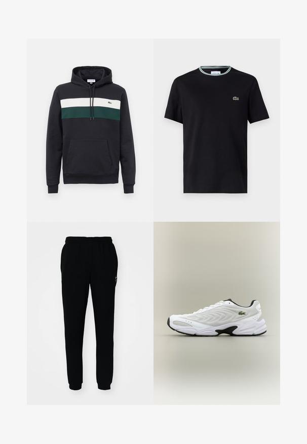 Zwarte hooded sweatshirt met witte en groene horizontale strepen over de borst en een voorzak in kangoeroestijl.; Zwarte katoenen t-shirt met ronde hals, voorzien van een witte en groene gestreepte afwerking en een geborduurd groen krokodillenlogo op de linkerborst.; Zwarte trainingsbroek met een elastische tailleband en boorden. Gemaakt van zachte stof, met een klein logo aan de linkerbovenkant.; Witte sportieve schoen met een textuur van gaas bovenwerk, gebogen ontwerp en contrasterende zwarte zool. Heeft een groen geborduurd logo aan de zijkant.