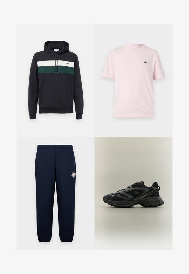 Schwarzer Kapuzenpullover mit weißen und grünen horizontalen Streifen über der Brust und einer vorderen Kängurutasche.; Helles rosa Baumwoll-T-Shirt mit kurzen Ärmeln. Enthält ein kleines grünes gesticktes Logo auf der linken Brust. Rundhalsausschnitt-Design.; Navyblaue Sweatpants aus weichem Baumwollmaterial mit elastischen Bündchen und Bund. Mit einem weißen Lacoste Paris Logo auf dem linken Bein.; Schwarzer Sportschuh mit Netz панели, einer strukturierten Sohle, Schnürsenkeln und einer geschwungenen Silhouette mit silbernen Akzenten an den Seiten.