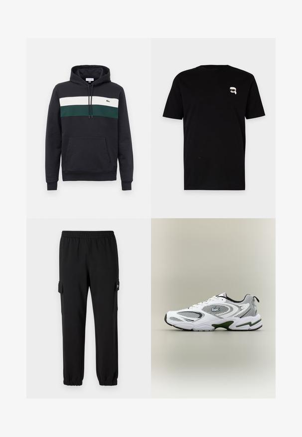 Sudadera negra con capucha, con franjas horizontales blancas y verdes en el pecho y un bolsillo tipo canguro en la parte delantera.; Camiseta de algodón negra de manga corta con un pequeño gráfico blanco de un personaje con gafas en el pecho izquierdo. Diseño clásico de cuello redondo.; Pantalones de chándal negros con cintura elástica, puños ajustados y bolsillos laterales tipo cargo. Fabricados con material suave y textura lisa.; Zapatilla deportiva de running en blanco y gris, con paneles de malla, acentos verdes, detalles en negro y un logo en el costado, vista desde el lado exterior.