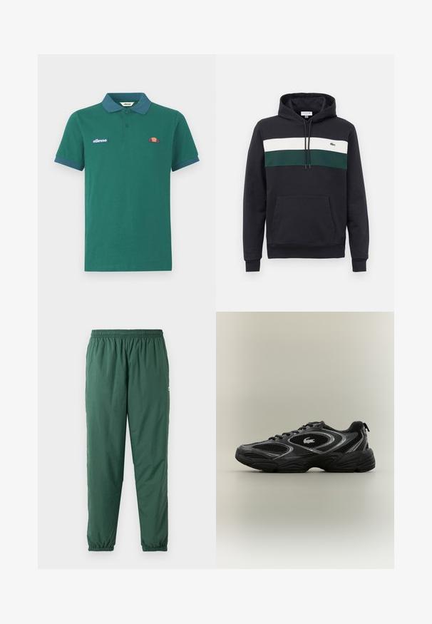 Zwarte hooded sweatshirt met witte en groene horizontale strepen over de borst en een voorzak in kangoeroestijl.; Groene polo shirt van katoen met een contrasterende blauwe kraag en manchetten. Heeft een geborduurd logo en een klein kleurrijk ontwerp op de borst.; Groene, lichtgewicht, elastische broek met een geplooide tailleband en boorden, gemaakt van een gladde, waterafstotende stof.; Zwarte en grijze sport sneaker met meshpanelen, vetersluiting, dikke zool en een klein krokodillologo aan de zijkant.