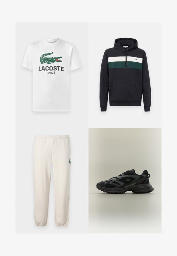 Musta hupparipaita, jossa on valkoiset ja vihreät vaakasuorat raidat rinnassa sekä etupuolella kengurupocket.; Lacoste Printtipaita - white; Vaaleanbeiget collegehousut, jotka on valmistettu puuvillasta. Niissä on joustava vyötärö, ribbireunat sekä vihreä logo, jossa on lehtimuotoilu vasemmassa lahkeessa.; Musta urheilukenkä, jossa on verkkopaneelit, raekuvioinen pohja, nauhat ja kaareva siluetti, jossa on hopeisia yksityiskohtia sivuilla.