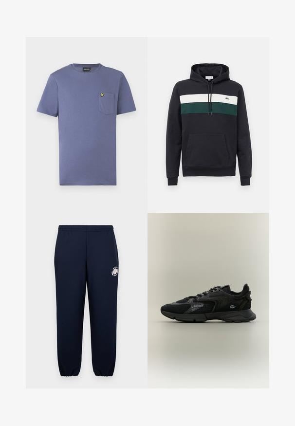 Sweatshirt à capuche noire avec des rayures horizontales blanches et vertes sur la poitrine et une poche kangourou à l'avant.; T-shirt en coton violet à manches courtes, col rond, avec une poche poitrine ornée d'un logo brodé jaune.; Pantalon de survêtement bleu marine en coton doux avec des poignets et une ceinture élastiques. Arborant un logo blanc Lacoste Paris sur la jambe gauche.; Sneaker Lacoste noir avec des panneaux en mesh et en daim, semelle noire, lacets, logo et texte coordonné sur le côté sur fond beige uni.