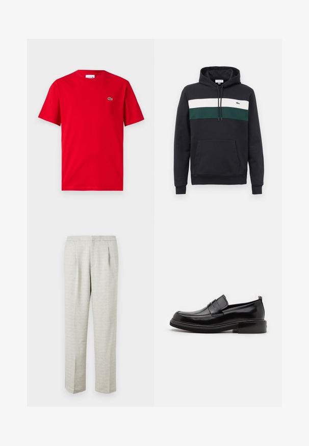 Sudadera negra con capucha, con franjas horizontales blancas y verdes en el pecho y un bolsillo tipo canguro en la parte delantera.; Camiseta de algodón roja con mangas cortas, cuello redondo y un pequeño logo de cocodrilo verde en el lado izquierdo del pecho. Textura suave, corte casual.; Pantalones gris claro con una tela texturizada, que presentan un corte recto, frente con pliegues y cinturilla estándar. Sin bolsillos o acentos visibles.; Calvin Klein MOCCASIN - Mocasines elegantes - black